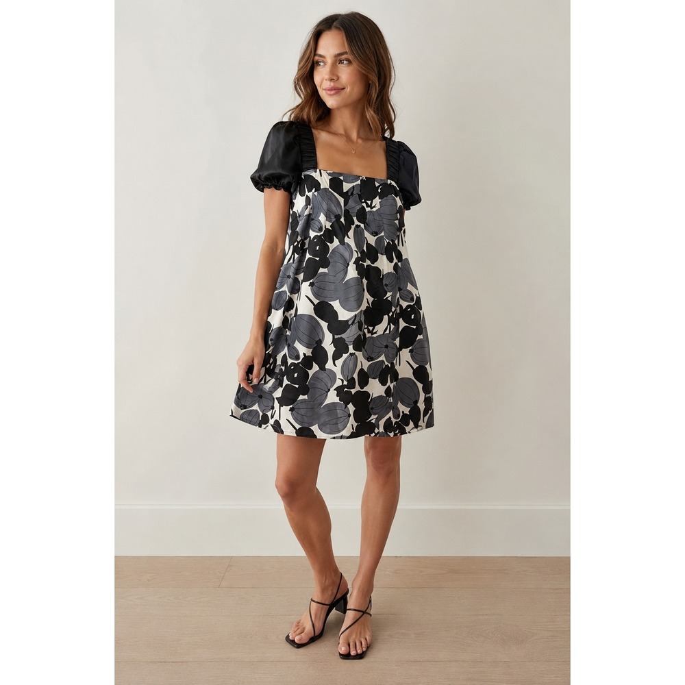 Vero Moda Repeat Melon‎ Dress XS Black White Floral Puff Sleeve Square Neck Mini